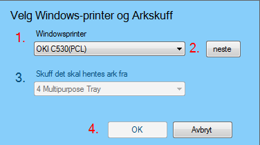 S i d e 21 5.04 Lokale Utskrifter Lokale utskrifter 1. Hvis du ønsker en lokal utskrift kan du velge skriver her. 2. Velg skuff skriveren skal hente ark fra. 3.