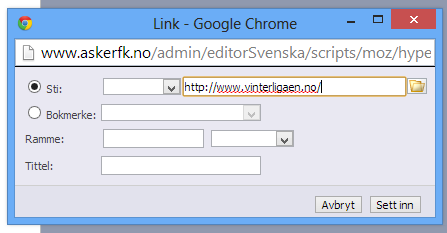 4) Når du skal legge en link eller et dokument på nettsiden a) Link: Hvis du skal legge inn en link: Klikk i menyen, se nedenfor. Lim inn nettadressen du skal legge link til: Klikk Sett inn.