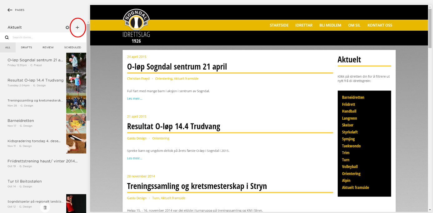 Når du skal lage ein ny Aktuelt-artikkel klikkar du på +-teiknet. Så skriv du Heading/overskrift på artikkelen.