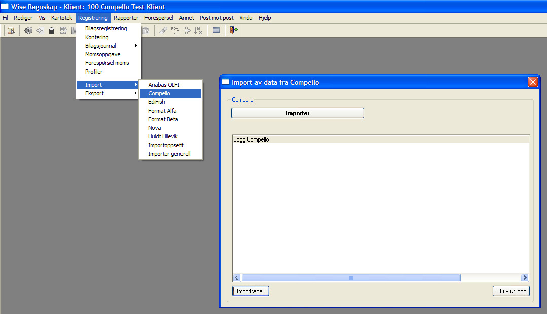 Import for data er flyttet fra Kartotek diverse til Registrering Import Compello Ved å trykke på knappen Importer, vil Wise Regnskap se etter bilag som ligger klare for import.