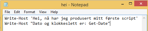 Profiler og variabler side 4 av 10 Hvordan opprette og kjøre script Nå skal vi opprette og kjøre et PowerShell script ved hjelp av notepad.