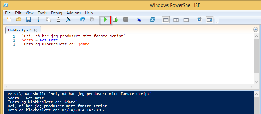 Profiler og variabler side 5 av 10 Kjøre et script Hvordan kjøre et script fra script editoren til PowerShell ISE. Som vi ser bruker vi samme script som tidligere.