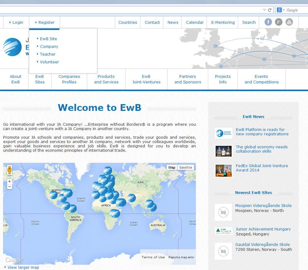 ENTERPRISE WITHOUT BORDERS (EWB) - MANUAL FOR LÆRER Hvordan opprette en profil for skolen og en profil for lærer på EwB-nettsiden: http://www.jaewb.org/ 1.