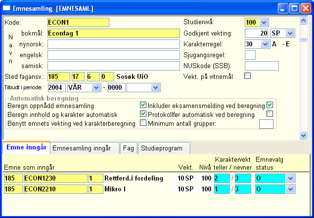 4. Emnesamlinger Emnesamlinger er helheter, "overbygninger" av emner. Resultater i to eller flere emner kan slås sammen til en helhet, og gis et samlet resultat.