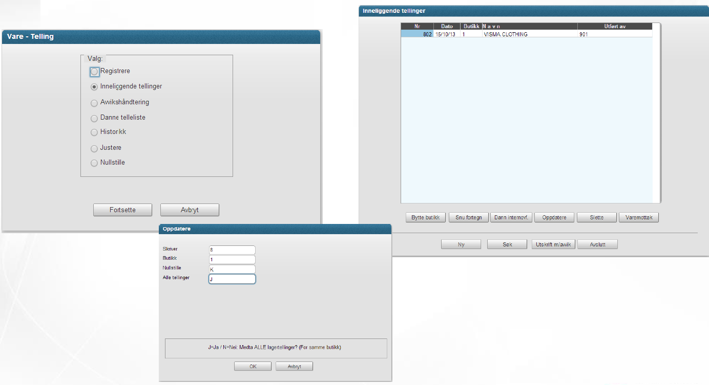 Page 63 of 72 Oppdatere tellinger for aktuell butikk Butikkens varelager blir oppdatert med verdier fra alle tellinger Klikk på «Inneliggende varetellinger» + fortsette Deretter klikk på Oppdater