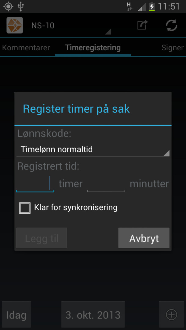 Egen tab/side på hver ordre som heter Timeregistrering Velg dato for timeregistreringen (standardvalg er dagens