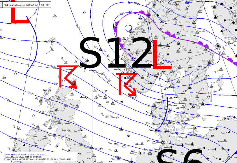 Figur 4: Værsituasjonen lørdag 10. januar 2015 kl 06 UTC. Trykket i senteret var 951 hpa. Figur 5: Værsituasjonen lørdag 10.