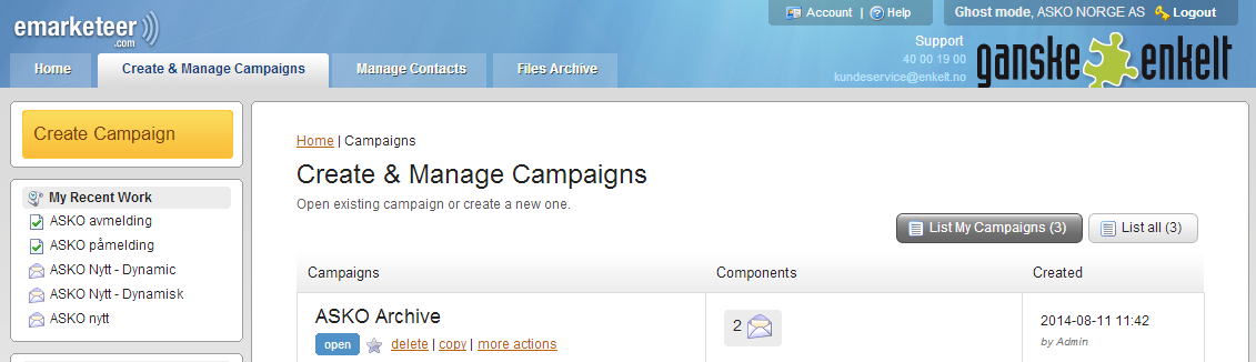 «Create & Manage Campaigns Demo En kampanje må opprettes for å kunne lage en e-post. Når du klikker «Create Campaign» bør denne navngis med noe fornuftig så det er enkelt å forstå hva den inneholder.