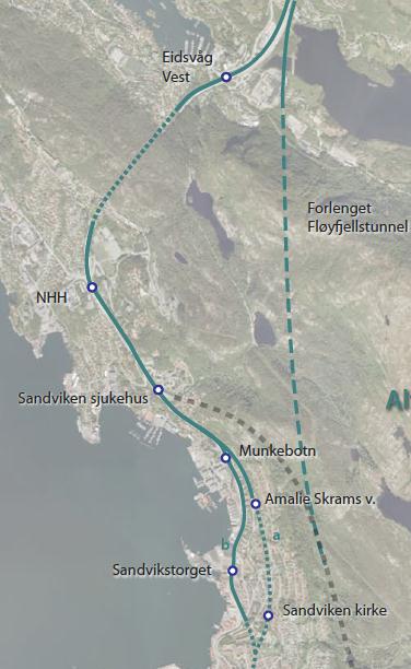 Trase og holdeplasser alternativ 3Ba Traseen kommer i tunnel fra sentrum fram til kort dagstrekning foran Sandviken kirke videre i tunnel fram til Amalie Skrams vei ved Formannsvei.