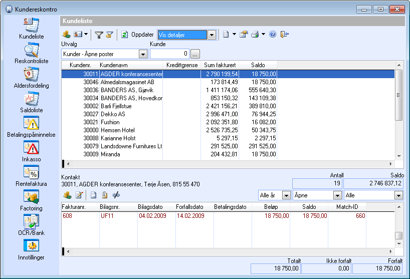 Kundeliste Som standard er visningen i Kundereskontro satt på Kundeliste. Kundelisten viser summen av alle reskontroposter per kunde.