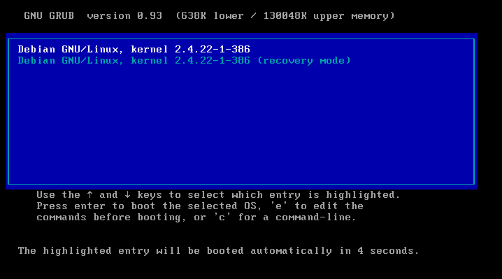 Kapittel 4. Installasjon av Skolelinux Figur 4-10. Oppstart av Skolelinux fra harddisk med GRUB 6 Legg her merke til nedtellingen på nederste linje i skjermbildet.