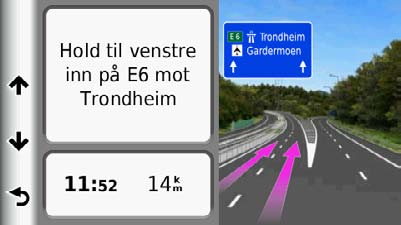 Vise neste sving Mens du navigerer etter en bilrute, vises det en forhåndsvisning av neste sving, kjørefeltendring eller andre manøvrer øverst til venstre på kartet.