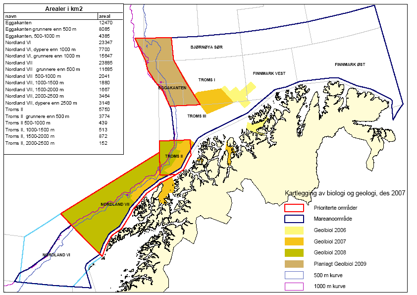 Hva pågår: I 2007 har sjømåling og kartlegging av bunnforhold og fauna foregått i Troms II og Nordland VII, i henhold til gjeldende prioriteringer.
