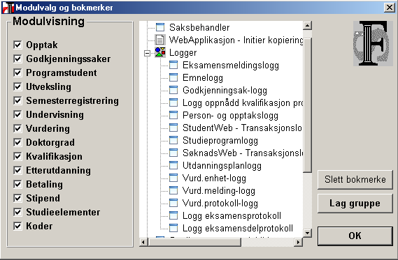 Her kan man velge hvem moduler man vil vise fram og sortere bokmerkene og lage mapper til dem.