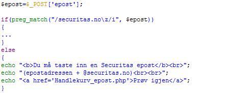 Dette er for å verifisere at brukeren er en av de ansatte i Securitas. Bilde av e-post siden Variabel for e-postadressen som skal sjekkes settes.