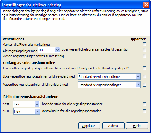 Er det knyttet en særskilt risiko til regnskapslinjen, vil dette bli markert med kryss i SR på linjen og iboende risiko vil automatisk bli satt til høy for regnskapslinjen.