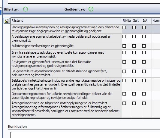 kunden, momentet er tatt opp muntlig, signerer ikke kontrolloppstilling, presisering i revisjonsberetningen.