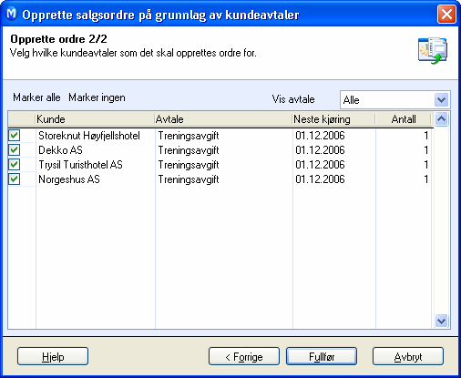 MAMUT ENTERPRISE ABONNEMENTSFAKTURERING Veiviser for opprettelse av salgsordre på grunnlag av kundeavtaler 2:2 I steg 2 i veiviseren får du en oversikt over kundeavtaler det kan opprettes ordrer for