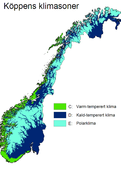 Figur 4-64 Köppens klimasoner. Kilde: met.no. I et område med polarklima er det sannsynlig at albedoeffekten vil være viktig, siden det er områder med snødekke store deler av året.