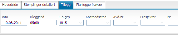 6.3 Arkfane Tillegg Arkfanen gir mulighet til å registrere ekstra timer manuelt, for eksempel ved godtgjørelse av opparbeidede fleksitidstimer i overtid. Tast inn dato, antall timer og velg l.a.grp (Lønnsart) for tillegget.