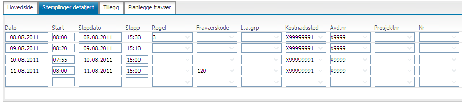 5.2 Arkfane Stemplinger detaljert Arkfane I arkfanen vises flere opplysninger om dine registreringer. Du kan foreta endringer i alle kolonnene ved hjelp av.