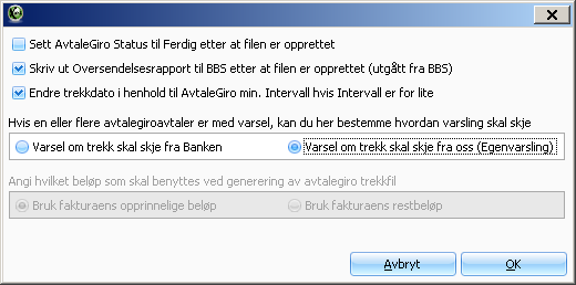 Lage og sende trekkfil Etter å ha generert, skrevet ut papirfakturaene og godkjent disse må vi lage en trekkfil som skal sendes til NETS/BBS (Bankenes Betalingssentral) for å gjennomføre trekk i