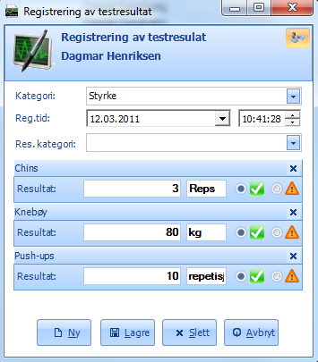 7.4.2.1 Registrere resultatet av en test Her velger du kategori, test og dato for når testen er utfylt, før du fyller inn resultatet og lagrer.