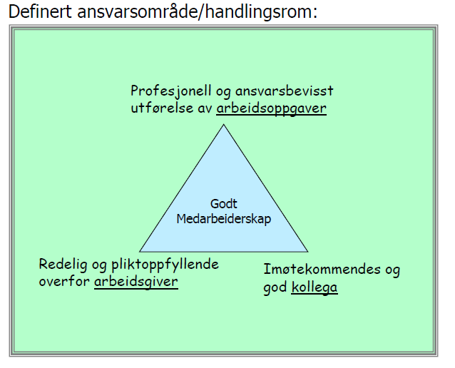 Er redelige og pliktoppfyllende overfor arbeidsgiver Er en imøtekommende og god kollega o Refleksjon over egen praksis for stadig å være i utvikling Medarbeideres rolle - ansvarstrekanten: 3 Ledelse