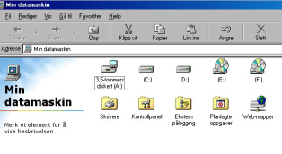Min datamaskin er ei mappe (se figuren nedenfor) som inneholder disker og mapper for bl.a. skrivere, nettverksforbindelser og for diverse administrasjonsprogrammer.
