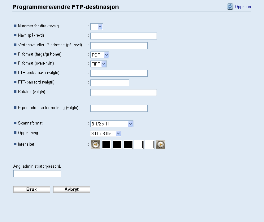 Registrere skannedestinasjoner Innstillinger for Skann til FTP Element Innstilling Beskrivelse Nummer for direktevalg Navn Vertsnavn eller IP-adresse Filformat (farge/gråtoner) Filformat