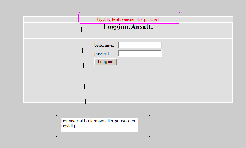 2.2 Logg inn Ansatt : På samme måte logger ansatt inn ved å taste inn brukernavn og passord. Brukernavn og passord må være riktig.