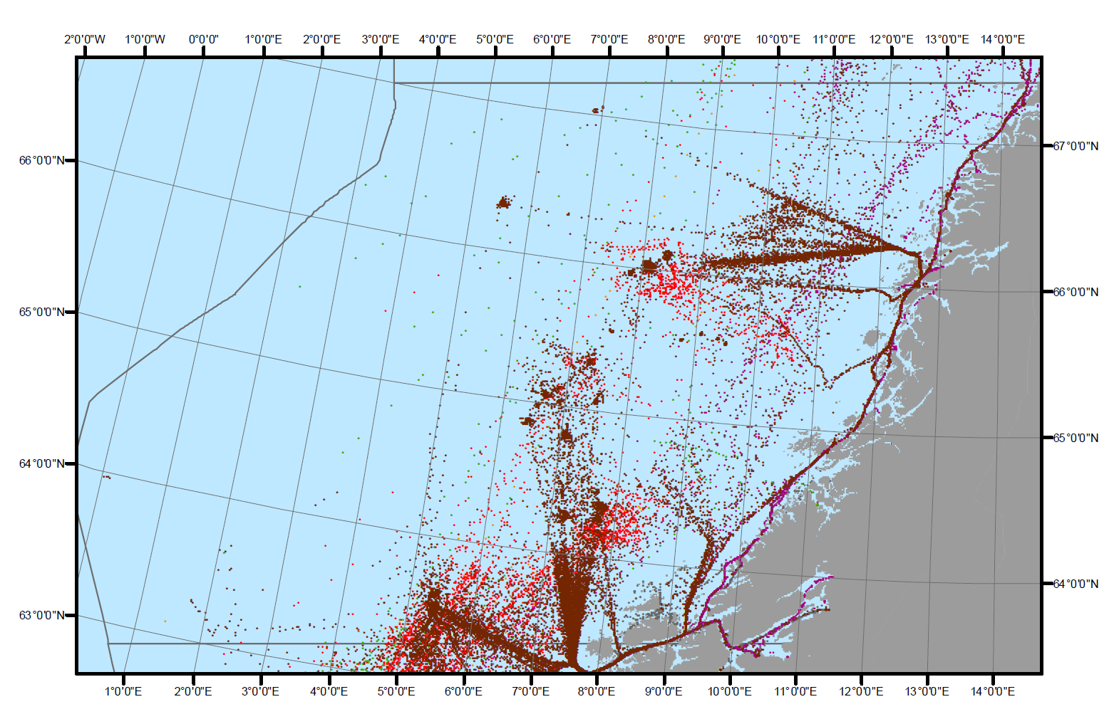 Figur 6: Eksempel seilingsdata fra Havbase Oljetankere av ulik tonnasje og offshore supply skip utenfor kysten av Midt-Norge i en periode i 2008.