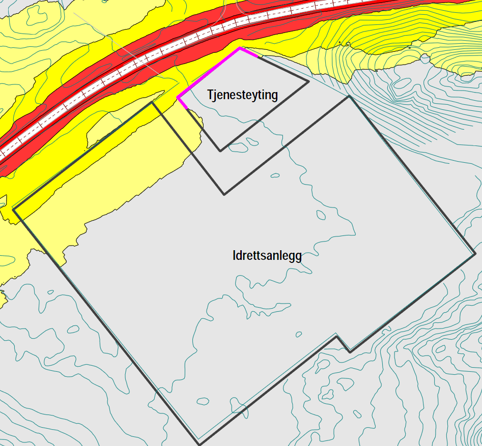 Figur 3 - Beregnet støy, L den, på planområdet med eksempel 1 for skjermingstiltak (beregnet i høyde 1,5 meter over terreng) Figur 4 - Beregnet støy, L den,