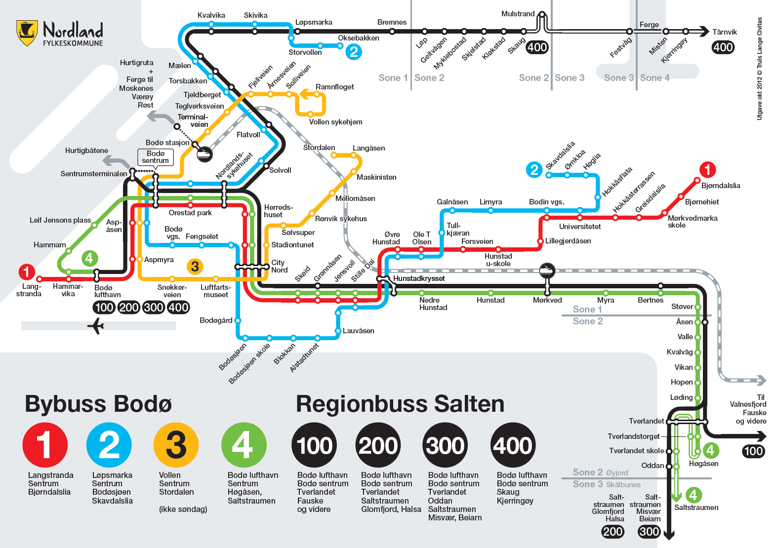 Figur 14: Linjekart for busstrafikken i Bodø, med planområdets influensområde markert med lilla, stiplet linje, [6]. 3.5.