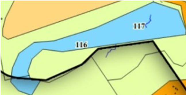 Område 116 og 117 i kommunedelplan Figur 6 Område 116 og 117 vist med blå skravur under formålet Erverv framtidig