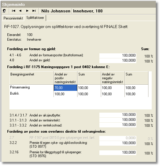 Kap. 4 Eierregisteret ved flere beregningsenheter Side 13 4.2 Fordeling av næringsinntekt m.v. Fordeling av personinntekt foretas på skillekortet Splittfaktorer i menyen Firma > Eiere > Skjemainformasjon.