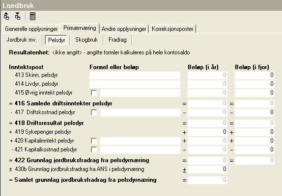 Kap. 7 Landbruksfunksjoner Side 30 7.3.4 Pelsdyr - skillekortet Skjermbildet for pelsdyr ser slik ut: Her registreres formler eller beløp i formelfeltet.