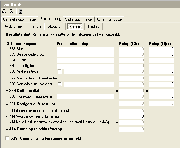 Kap. 7 Landbruksfunksjoner Side 31 7.3.5 Reindrift - skillekortet Skjermbildet for reindrift ser slik ut: Her registreres formler eller beløp i formelfeltet.