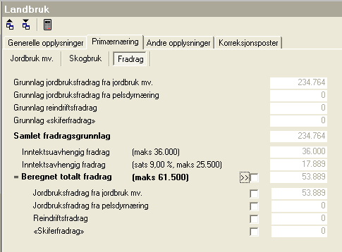 Kap. 7 Landbruksfunksjoner Side 33 7.3.8 Fradrag - skillekortet Her foretas beregninger av de forskjellige primærbnæringsfradragene.