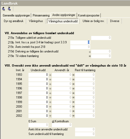 Kap. 7 Landbruksfunksjoner Side 36 7.4.3 Underskudd ved drift av våningshus - skillekortet Her blir data for tidligere års underskudd til fremføring oppført og beregnet.