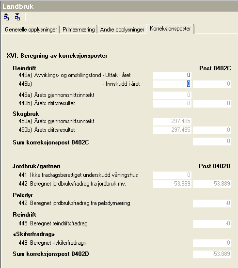 Kap. 7 Landbruksfunksjoner Side 39 7.5 Korreksjonsposter - skillekortet Her er en oppsummering av korreksjonspostene for RF-1177 som overføres til enten RF-1175 eller RF-1052.