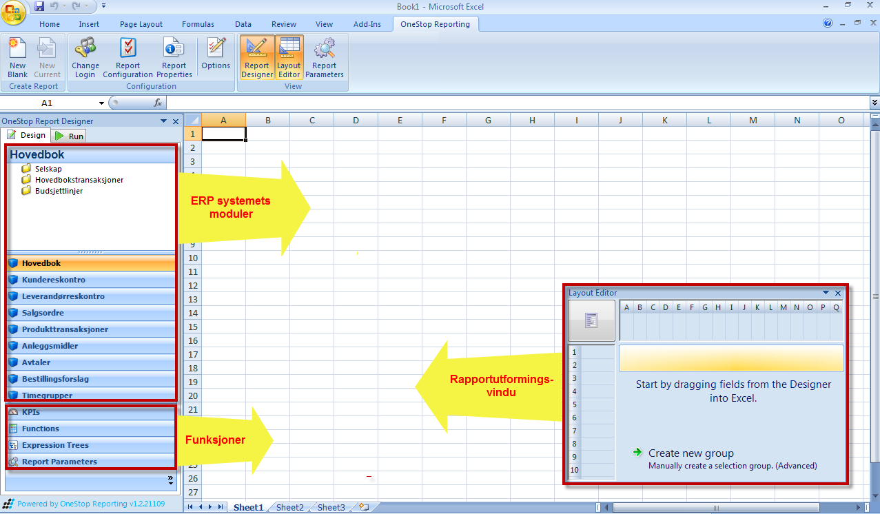 Bruke Report Designer-verktøyet Kapittel 4 Report Designer er en Add-in i Microsoft Excel som betyr at arbeidsområdet for rapportdefinisjonen er et kjent grensesnitt å forholde seg til.