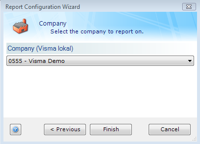 Du må velge hvilket selskap du skal hente data fra i den rapporten du nå skal lage. Klikk Finish.