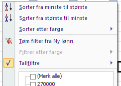 Excel: Filter 1) Angi tabell Marker regnearket ved å trykke på den grå cellen over 1, til venstre for A. 2) Gå til meny Når cellen er meket, gå til meny, filter og velg autofilter.