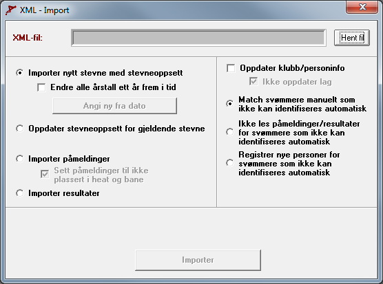 som allerede ligger inne (benyttes først og fremst hvis det har kommet korrigering på tidligere publisert stevneoppsett for et stevne). Når du klikker Importer hentes stevneoppsettet fra medley.