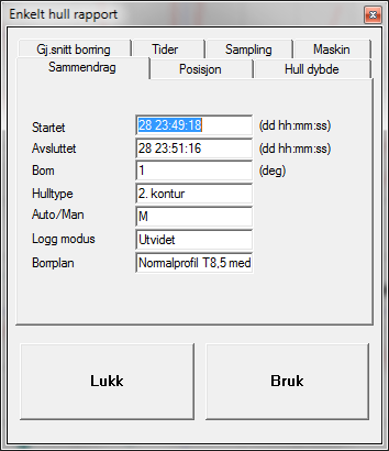 FIG. 81 Enkelthullrapport Sammendrag Startet: Når borhullet er startet. Avsluttet: Når borhullet er avsluttet. Bom: Hvilken bom som ble benyttet til boringen.