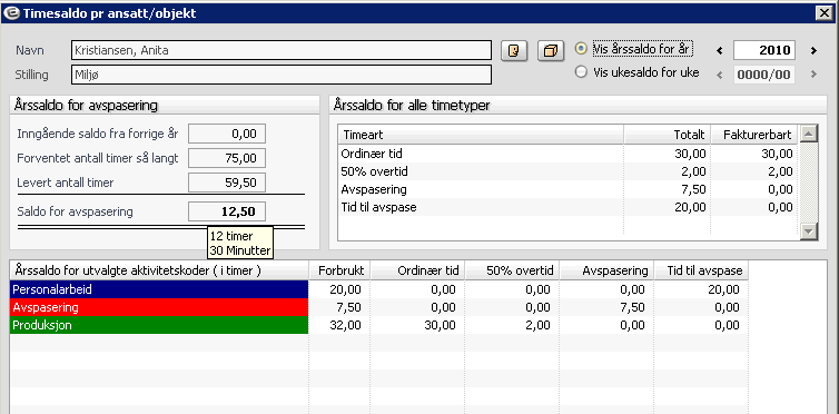 Visning av timer og minutter i saldo for avspasering tooltip I bildet saldo for avspasering vises saldo som hele og halve timer.