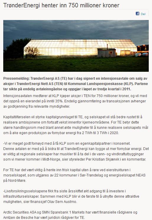 KLP investerer i TrønderEnergi Nett KLP investerer NOK 750mill i TrønderEnergi Nett Eierandel
