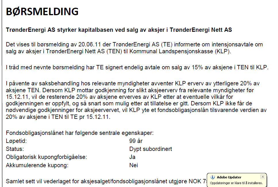 Primært salg av 35 % av aksjene i Nett, men subsidiært alternativ modell med