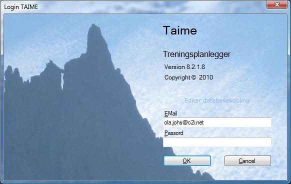 Figur 4 viser Login TAIME Treningsplaner. Legg til merke den himmelblå teksten Editer databasekobling over EMail feltet.